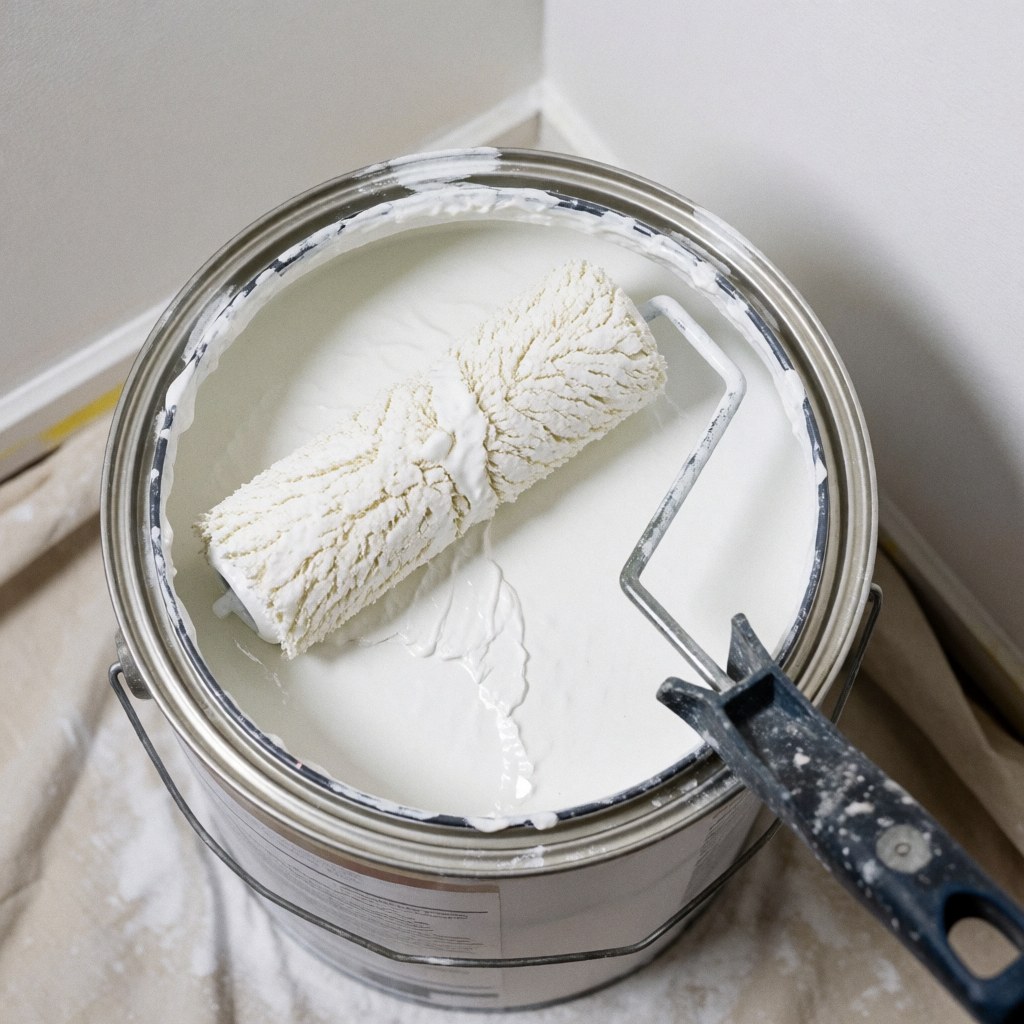 Seau contenant de la peinture blanche avec un rouleau immergé posé sur une bâche protectrice, idéal pour les travaux de plâtrage et finitions.