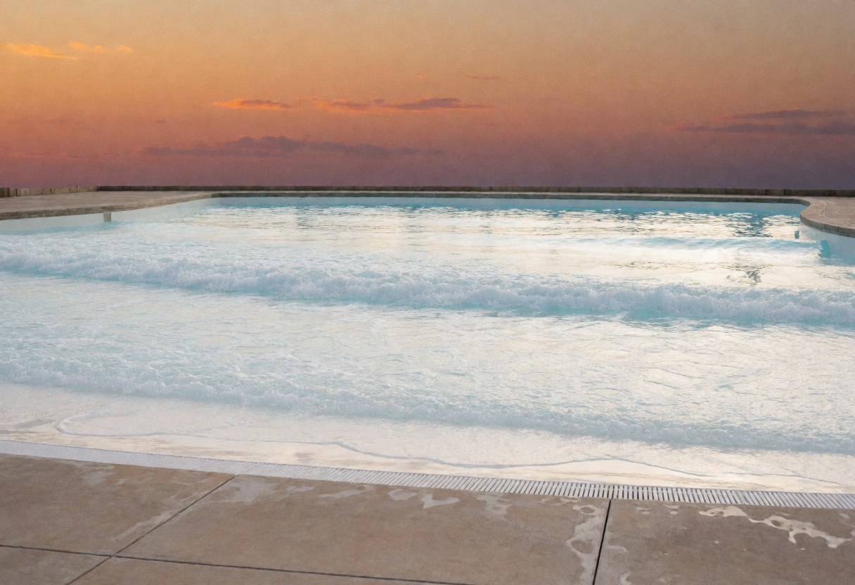 Piscine à vagues vide avec des vagues douces, reflets du ciel orange et violet, terrasse en béton, scène sereine au coucher du soleil.