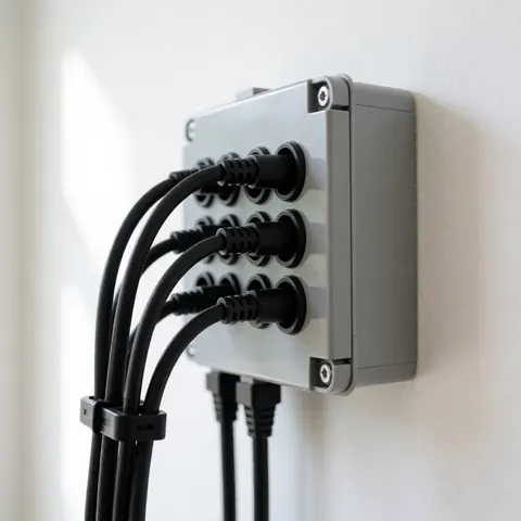 Boîtier gris fixé sur un mur blanc contenant des câbles noirs connectés et maintenus par des attaches, pertinent pour les installateurs d'antennes.