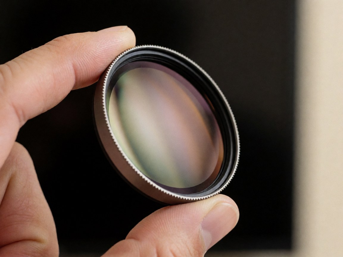 Vue rapprochée d'un filtre polariseur circulaire tenu dans une main, montrant les détails du ring métallique et de la lentille en verre sur fond sombre.