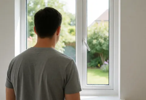 Un homme de dos observe une fenêtre d'isolation fraîchement installée avec un cadre blanc, la lumière naturelle éclaire le mur intérieur propre et le jardin extérieur.