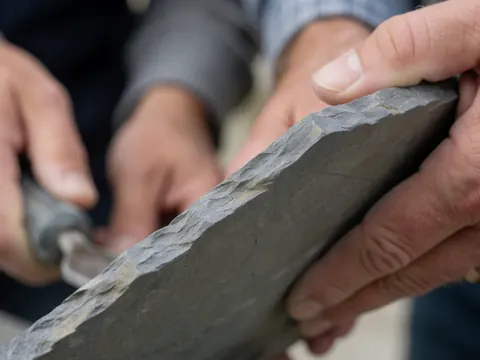 Gros plan d'une main adulte utilisant un outil sur le bord d'une pierre naturelle, révélant la texture et le grain du matériau sous un éclairage doux.