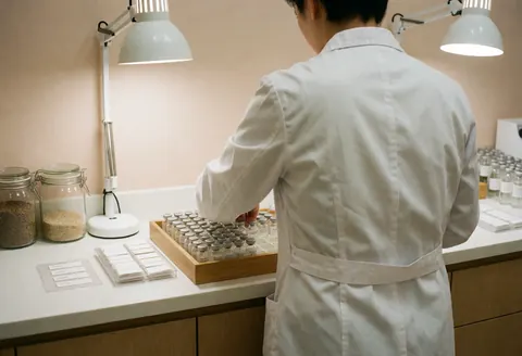 Un professionnel en blouse blanche range des vials sur une tablette en bois dans un cabinet propre, avec des pots de granules et des étiquettes visibles sur le comptoir.