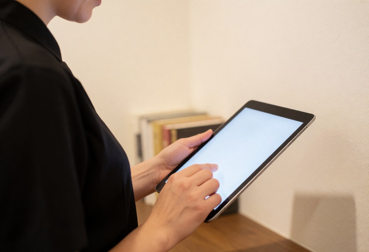 Un photographe professionnel examine son portfolio sur une tablette. Ses mains et son équipement sont visibles dans un bureau avec des livres flous en arrière-plan.