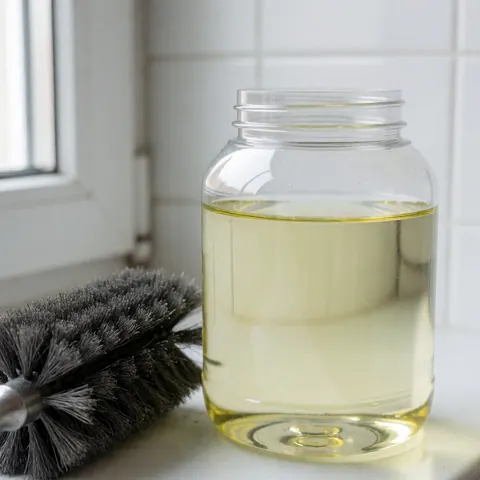 Un bocal transparent rempli d'un liquide jaunâtre posé à côté d'un pinceau à poils gris sur un fond de carreaux blancs.
