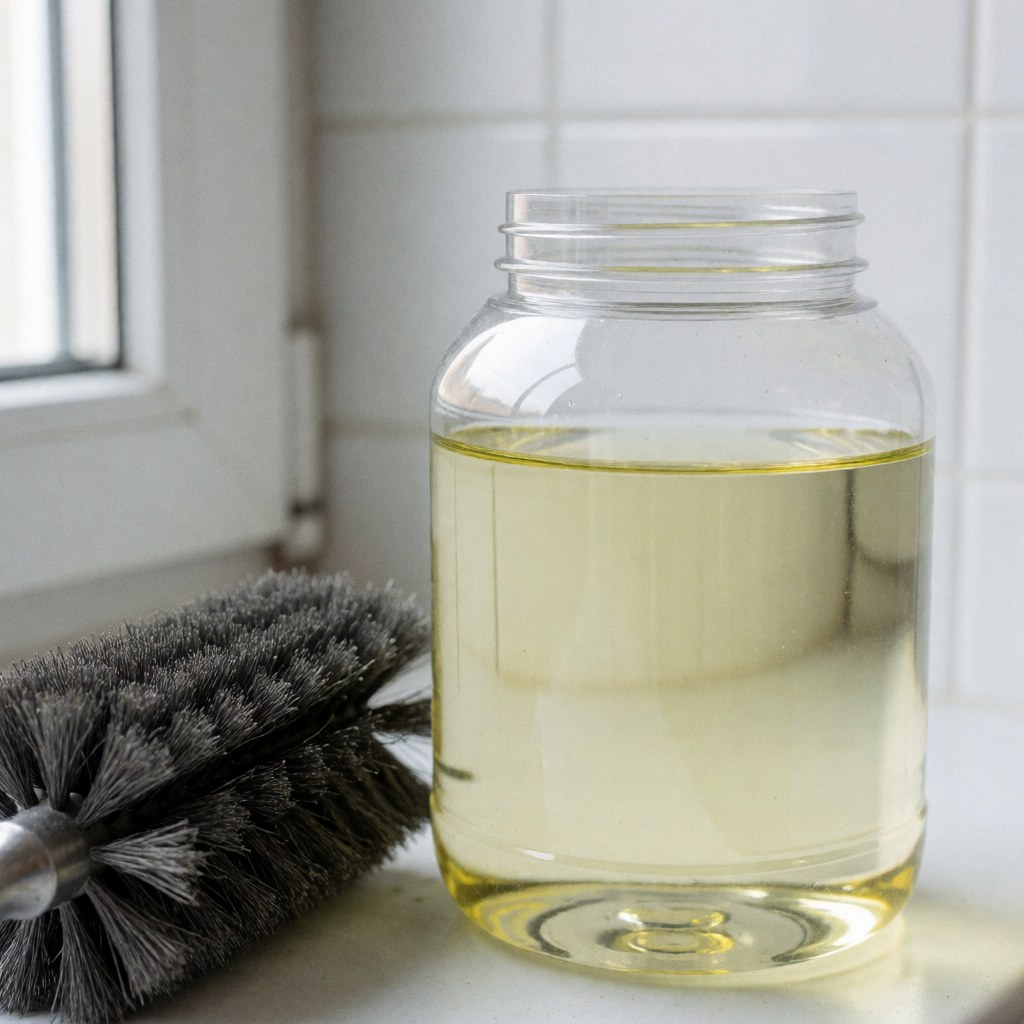 Un bocal transparent rempli d'un liquide jaunâtre posé à côté d'un pinceau à poils gris sur un fond de carreaux blancs.