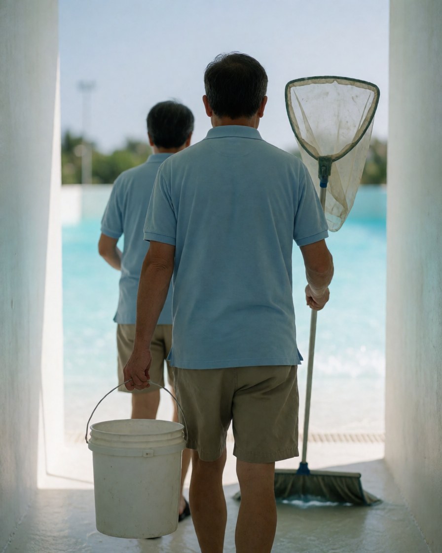 Vue arrière de deux employés d'un parc aquatique marchant avec un seau et une épuisette pour le nettoyage, devant une eau turquoise et un ciel clair.