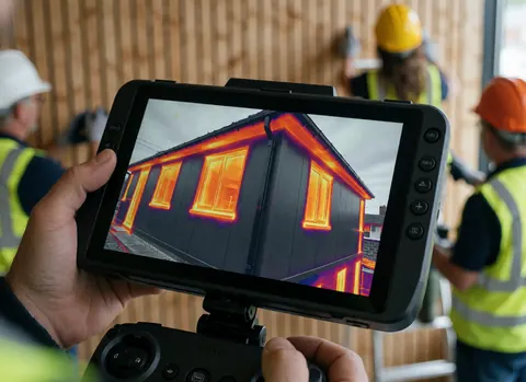 Une main saisit la commande d'un drone affichant une image thermique d'un bâtiment, tandis que des travailleurs en tenue de sécurité se tiennent en arrière-plan lors d'une inspection.
