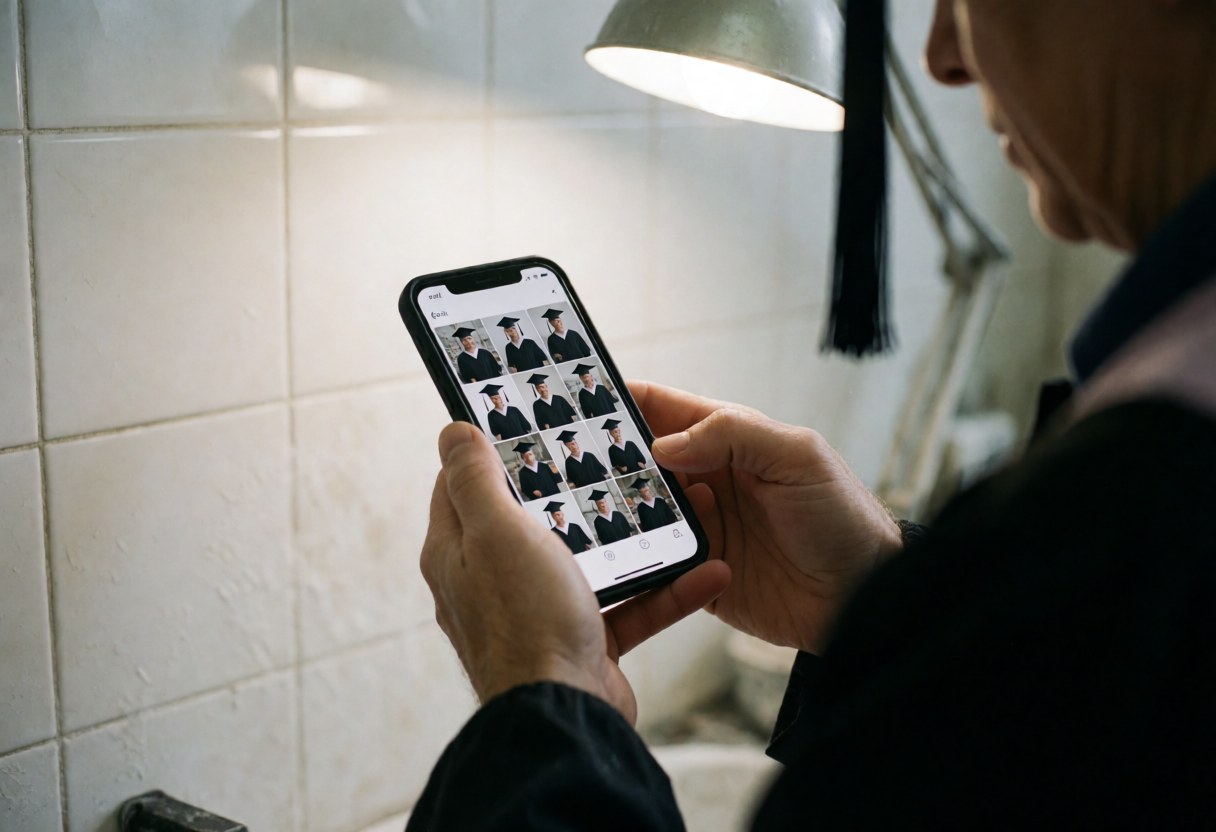 Un photographe professionnel examine sa galerie de photos de remise des diplômes sur un smartphone, portant une toge et une cape, dans une pièce aux murs carrelés blancs éclairée par une lampe pratique.