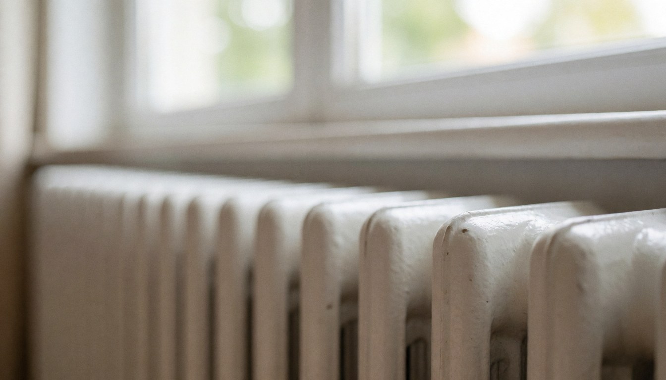 Un radiateur blanc installé dans une pièce avec une fenêtre en arrière-plan flou, éclairé par une lumière naturelle douce.