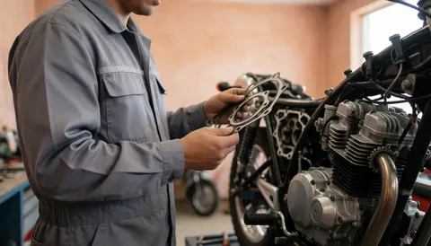 Mécanicien en atelier examinant un joint pour moteur de motocyclette avec outils et murs terracotta en arrière-plan flou.