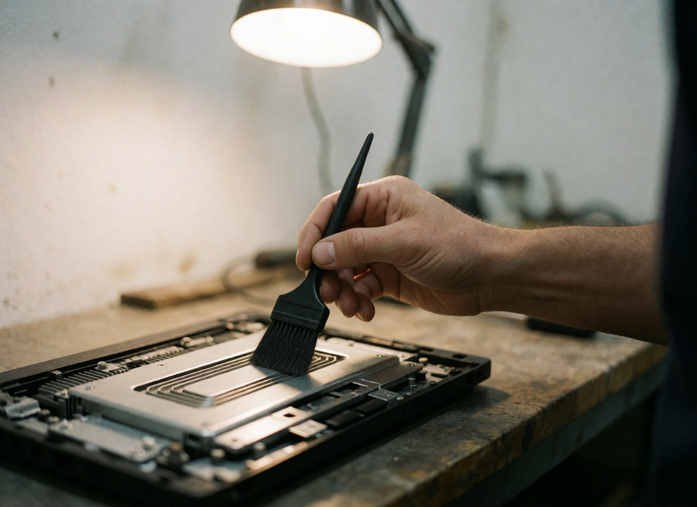 Une main utilise une brosse noire pour nettoyer le dissipateur de chaleur d'un ordinateur portable sur un bureau dans un atelier aux murs blancs.