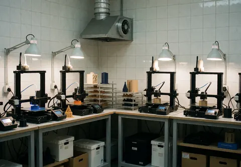 Salle de fabrication équipée de plusieurs imprimantes 3D en activité, système de ventilation industrielle, étagères contenant des pièces terminées et éclairage de travail sur des tables en bois.