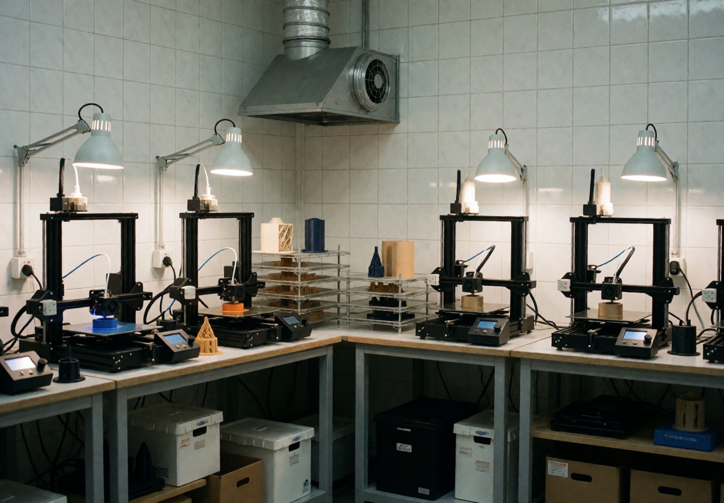 Salle de fabrication équipée de plusieurs imprimantes 3D en activité, système de ventilation industrielle, étagères contenant des pièces terminées et éclairage de travail sur des tables en bois.