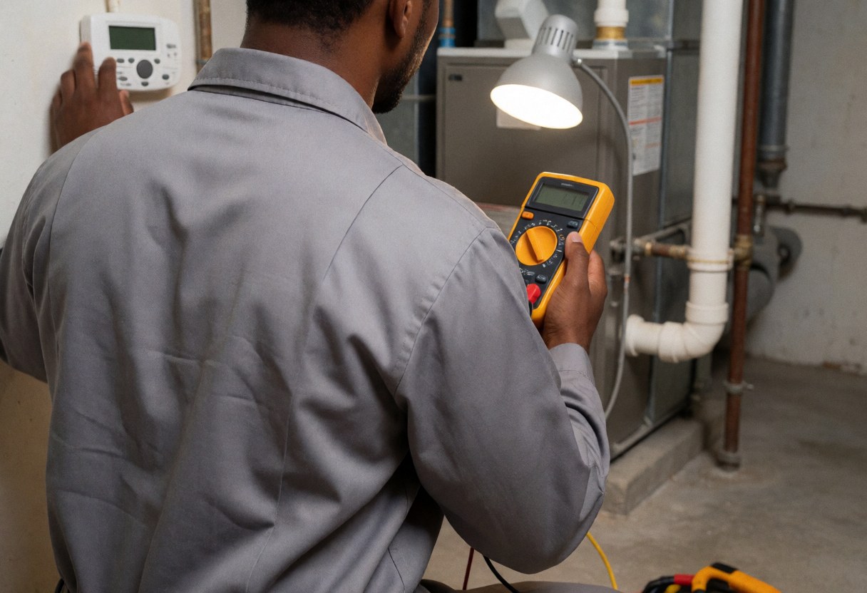 Un technicien en chauffage examine un thermostat dans un sous-sol à l'aide d'un multimètre, près de la chaudière et des tuyaux.