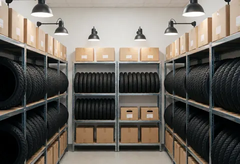 Espace de stockage organisé avec des pneus et des cartons posés sur des étagères métalliques, éclairé par des projecteurs industriels.