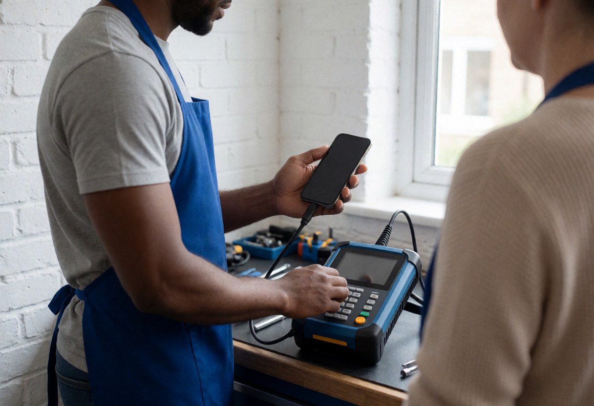 Un technicien en tenue bleue répare un smartphone avec un outil tandis qu'un client observe la scène dans un atelier aux murs de briques blanches et à la fenêtre.