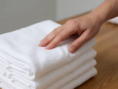 Une main adulte effleure délicatement une pile de serviettes blanches en coton sur une table en bois, dans un environnement propre et chaleureux.