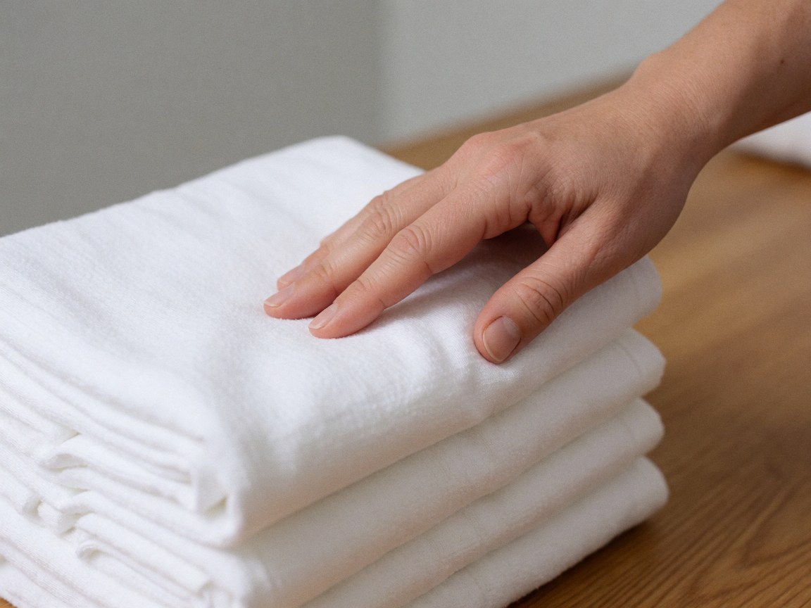 Une main adulte effleure délicatement une pile de serviettes blanches en coton sur une table en bois, dans un environnement propre et chaleureux.