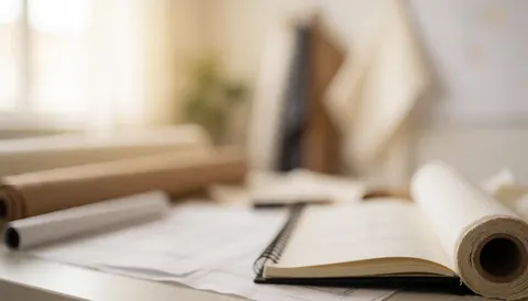 Fond professionnel avec des rouleaux de tissu et un carnet ouvert sur une table, éclairé par une lumière chaude et diffuse, idéal pour ajouter du texte.