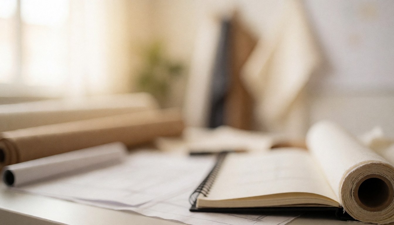 Fond professionnel avec des rouleaux de tissu et un carnet ouvert sur une table, éclairé par une lumière chaude et diffuse, idéal pour ajouter du texte.