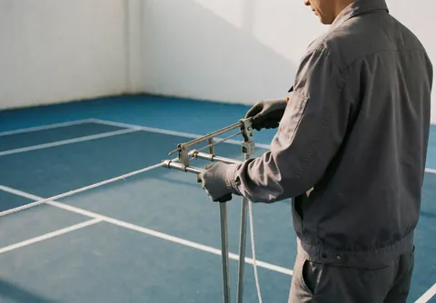 Un installateur ajuste la corde du filet avec une outil métallique sur un court bleu à lignes blanches, sous lumière naturelle. Il porte un uniforme gris et des gants de sécurité.