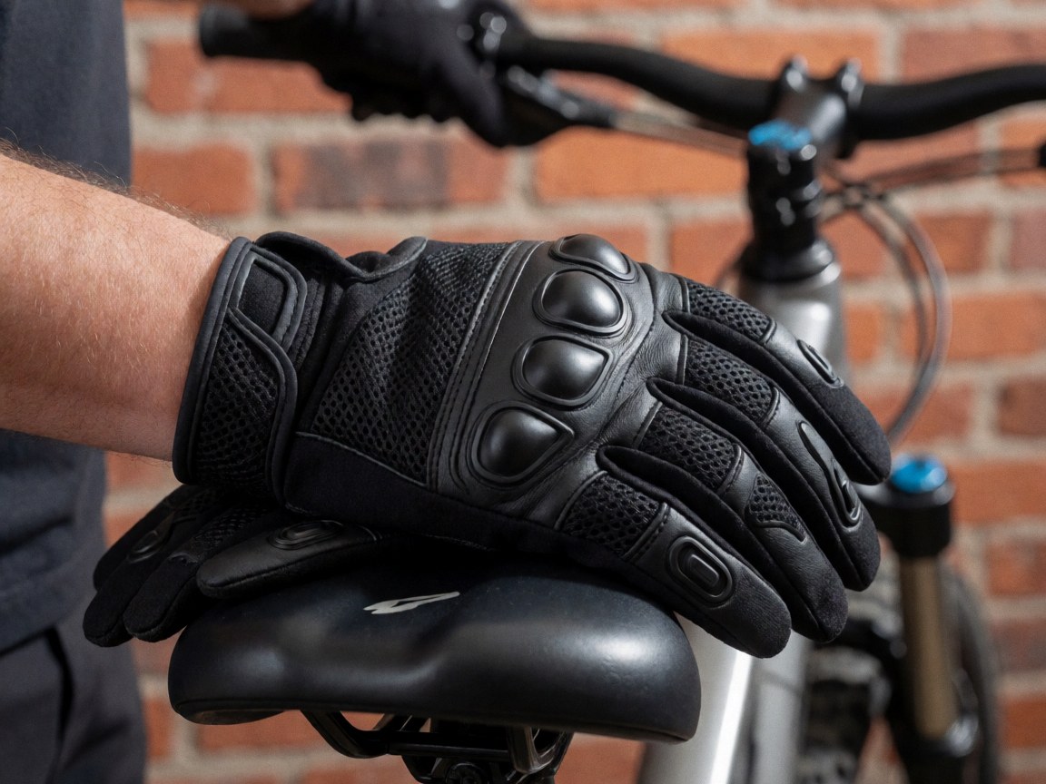 Gants de cyclisme noirs avec renforcements aux knuckles posés sur une selle de vélo devant un mur de briques rouges.