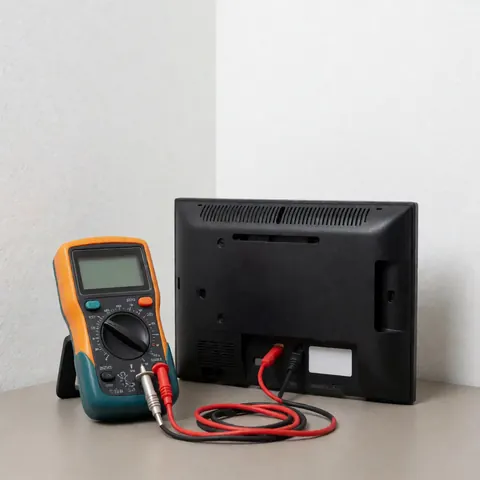 Multimètre numérique avec câbles rouges branché sur le panneau arrière d'un téléviseur, posé sur une table grise, fond blanc, éclairage doux pour diagnostic technique.