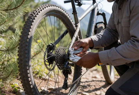 Un mécanicien ajuste la chaîne d'un vélo avec un outil multifonction en extérieur, entouré d'arbres et de montagnes sous la lumière du soleil.