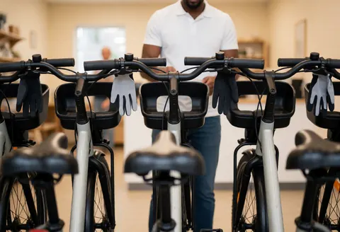 Vélos de montagne alignés en entrepôt, gants accrochés aux guidons, un professionnel en arrière-plan.