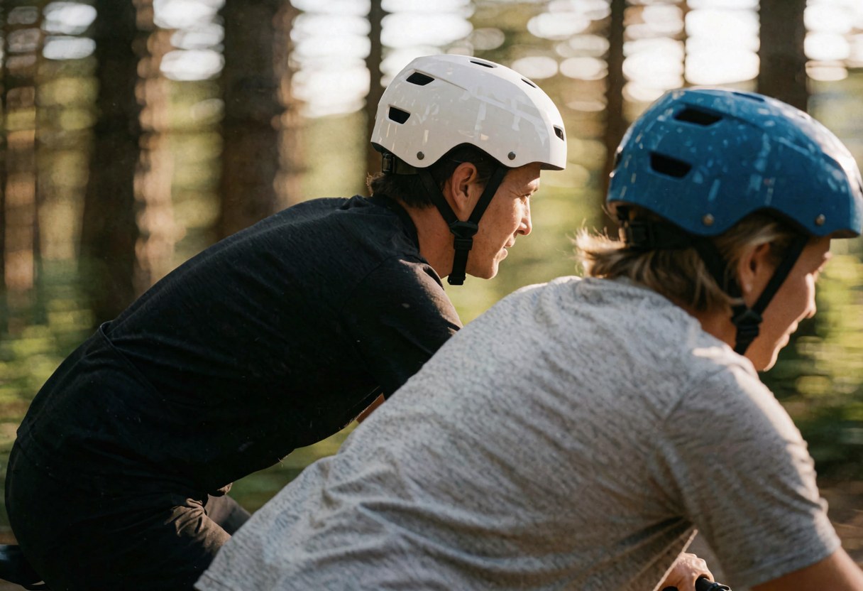 Deux personnes à vélo de montagne sur un chemin boisé, portant des casques blanc et bleu, en mouvement avec un fond flou et une lumière chaude.