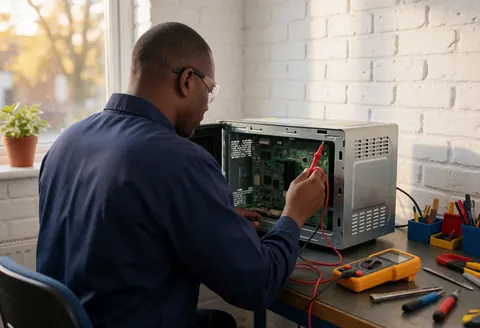 Un technicien en chemise bleue examine les composants internes d'un four à micro-ondes ouvert à l'aide d'un multimètre jaune sur une table de travail.