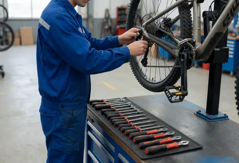 Un mécanicien en uniforme bleu ajuste le dérailleur d'un vélo de montagne suspendu dans un atelier avec des outils sur une table noire.