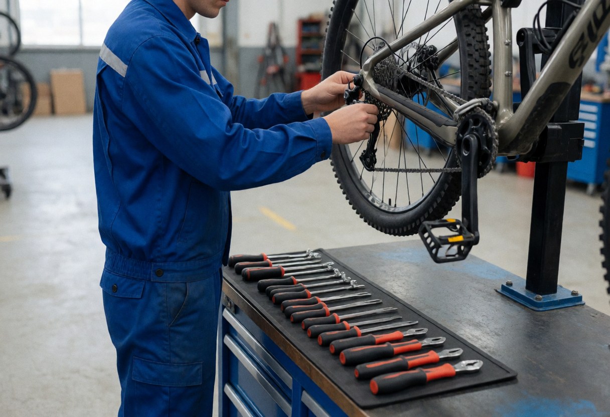 Un mécanicien en uniforme bleu ajuste le dérailleur d'un vélo de montagne suspendu dans un atelier avec des outils sur une table noire.