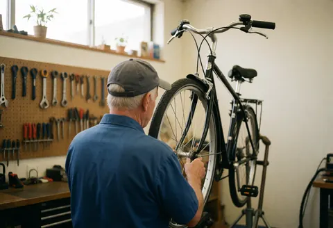 Un mécanicien examine attentivement la roue avant d'un vélo dans un atelier bien éclairé avec des outils suspendus au mur.