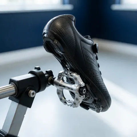 Chaussure de vélo noire à semelle carbone clipée dans une pédale de réparation, posée dans un atelier avec mur bleu foncé et sol blanc.