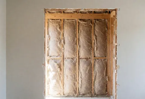 Ouverture dans un mur pour l'installation d'une porte, montrant l'isolation visible et le cadre en bois, éclairée par la lumière naturelle.
