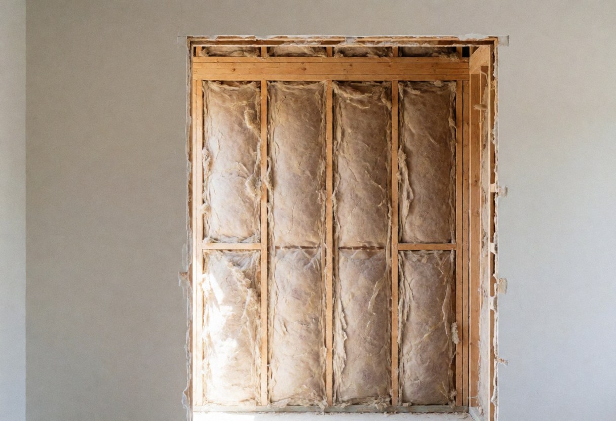 Ouverture dans un mur pour l'installation d'une porte, montrant l'isolation visible et le cadre en bois, éclairée par la lumière naturelle.