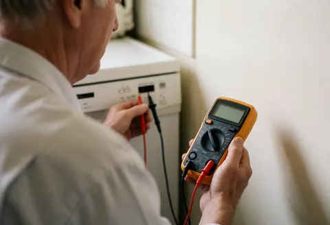 Un technicien utilise un multimètre pour diagnostiquer des pannes sur le panneau de contrôle d'un lave-vaisselle dans une cuisine aux murs blancs.