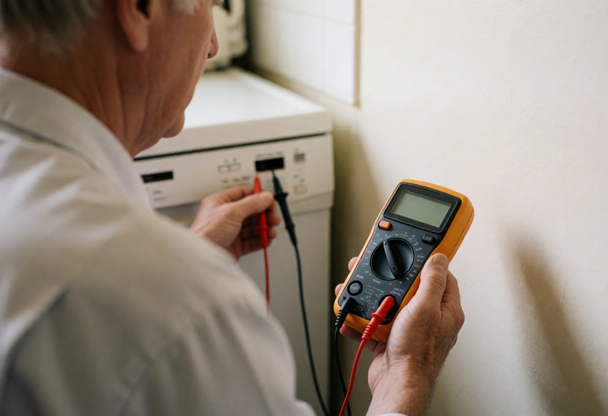 Un technicien utilise un multimètre pour diagnostiquer des pannes sur le panneau de contrôle d'un lave-vaisselle dans une cuisine aux murs blancs.