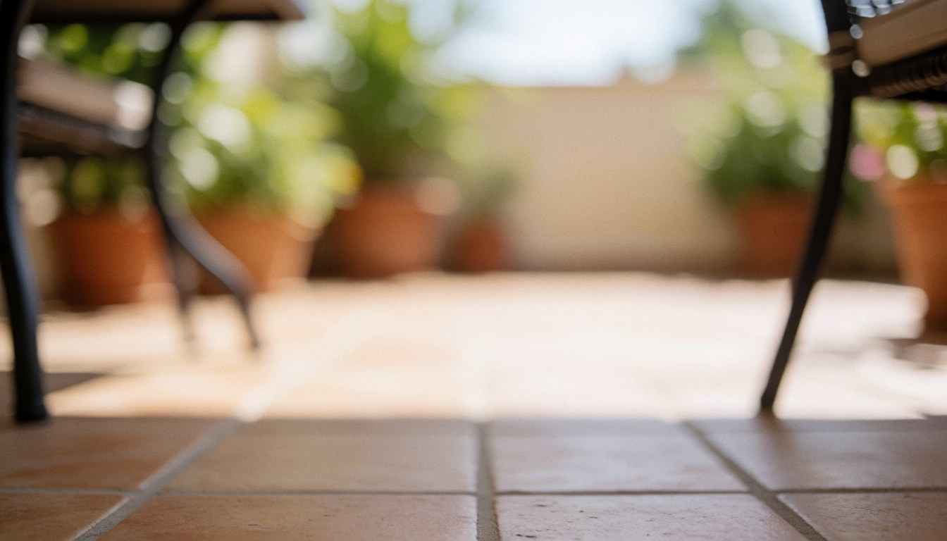 Arrière-plan de terrasse avec sol en carreaux, meubles de jardin flous, plantes vertes en pot et lumière solaire vive pour texte.