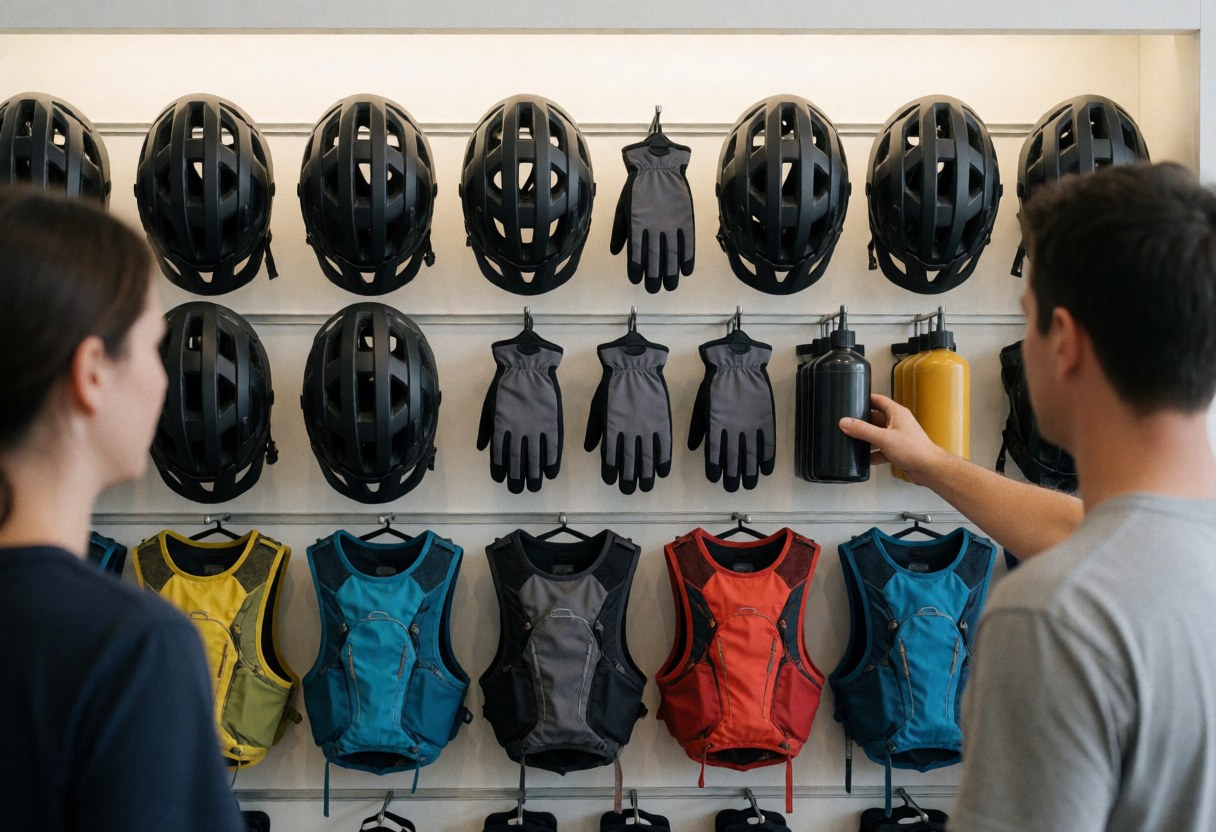 Une cliente touche une bouteille de scellant dans un magasin d'accessoires de vélo de montagne. Casques, gants et équipements d'hydratation sont affichés sur le mur. Ambiance professionnelle et organisée.