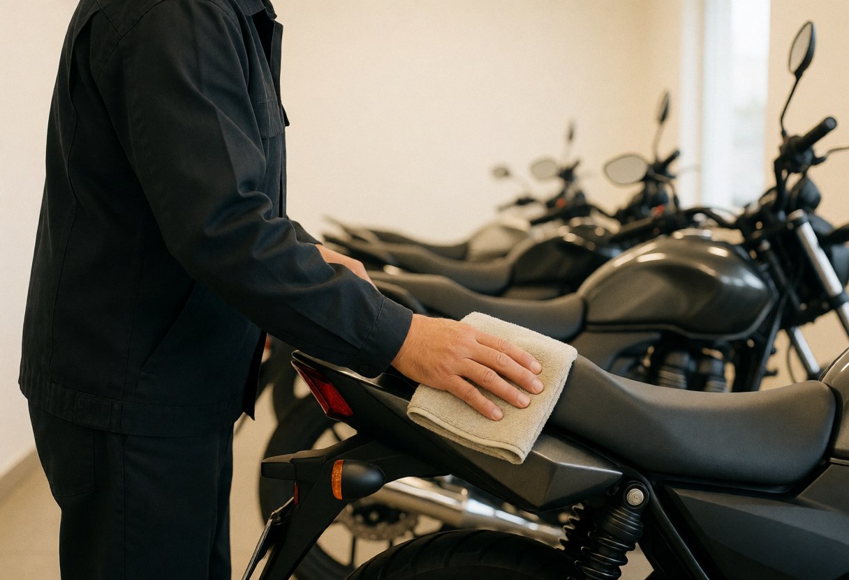 Un employé nettoie minutieusement l'assise d'une motocyclette dans un atelier bien éclairé à l'aide d'un chiffon en microfibre.