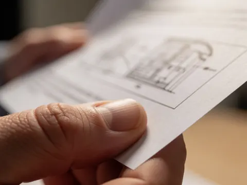 Gros plan sur une main adulte tenant une feuille imprimée avec un schéma, mettant en valeur la texture de la peau et du papier sur un fond flou.