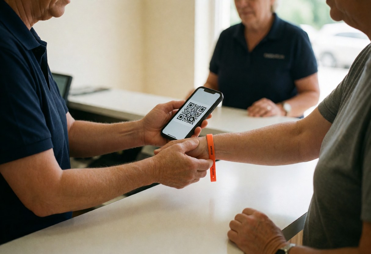 Un employé valide un code QR sur son téléphone portable et place un bracelet orange à un client, sur fond blanc avec une lumière naturelle.