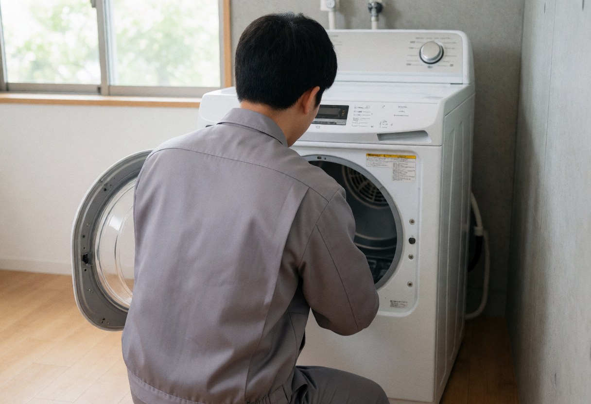 Un technicien examine l'intérieur d'un sèche-linge blanc dans une pièce avec sol en bois et fenêtre.