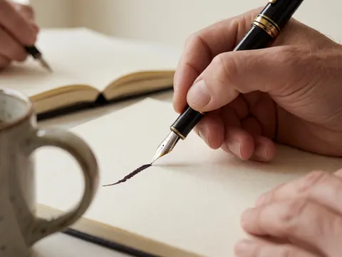 Main adulte tenant une plume d'encre posée sur un papier de couleur crème avec en arrière-plan une tasse de café et un cahier.