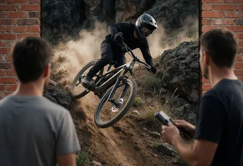 Deux individus regardent un cycliste professionnel sauter sur une pente rocheuse avec son vélo de montagne, soulevant de la poussière dans un environnement naturel.