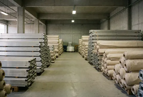 Entrepôt industriel contenant des casques en aluminium et des rouleaux de tissu beige pour stores, avec éclairage au plafond et sol en béton.