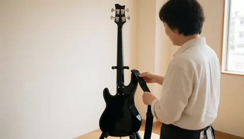 Un professionnel ajuste la sangle d'un instrument de musique dans un studio lumineux aux murs clairs, préparant une leçon de musique.
